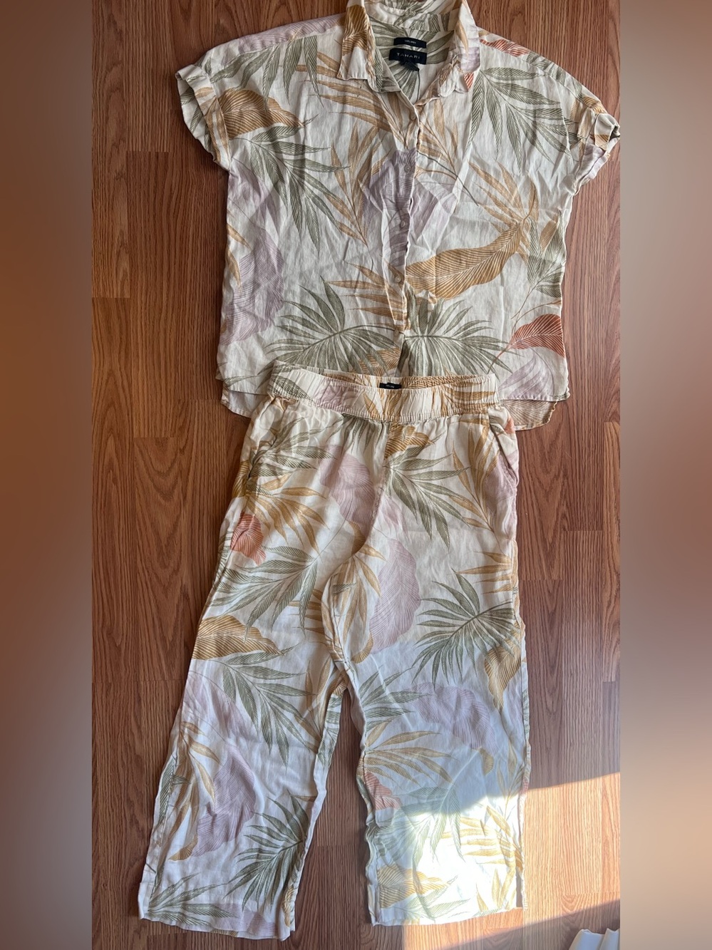 Tahari Cream Palm-Print Wide Leg Pants and Matching Button-Down short sleeve top
